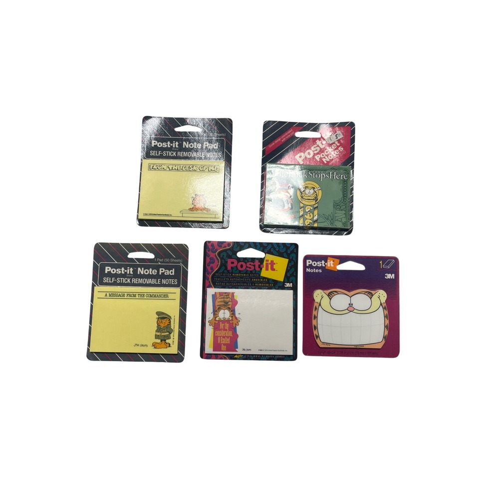 Vintage Garfield Post-it Notes Set 5 Packs 3M Jim Davis 80s 90s New Old Stock